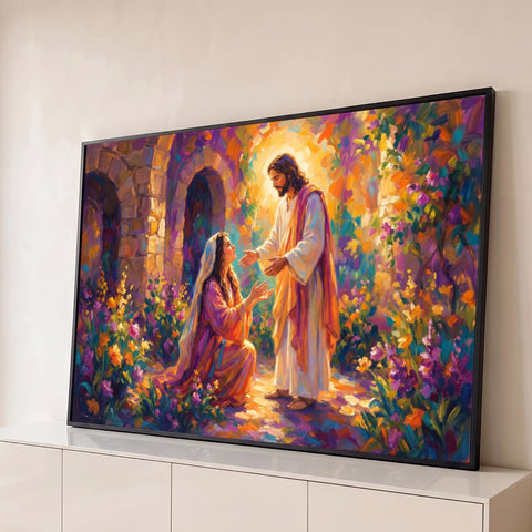 Jesus ressuscitado estende as mãos a Maria Madalena ajoelhada em jardim florido roxo, quadro decorativo