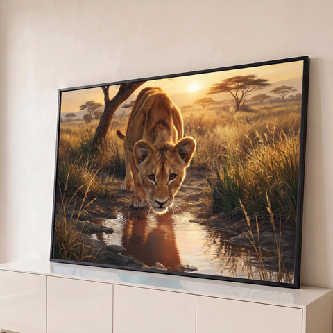 Filhote de leão bebendo água em poça com reflexo, savana dourada e pôr do sol ao fundo, quadro decorativo