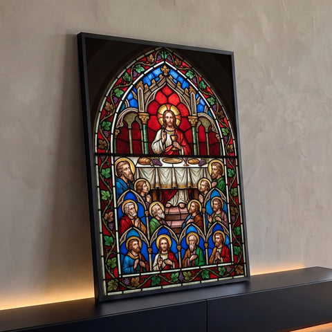 Quadro Decorativo Grande Vitral Santa para Sala Vermelho | quadros decorativos para sala | vitral gótico da Última Ceia com Jesus e doze apóstolos em cores vibrantes | Porao dos Quadros