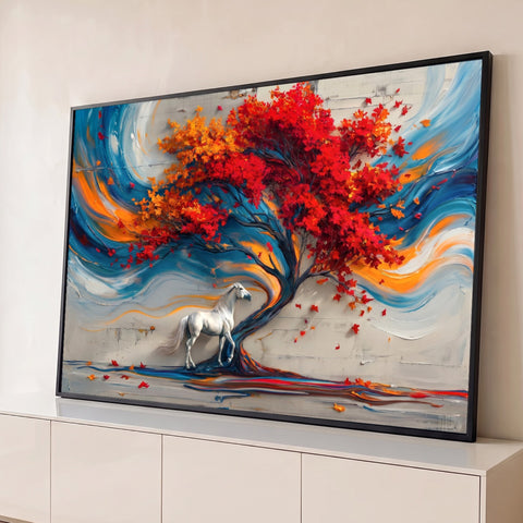 Pintura de árvore de folhas vermelhas com cavalo branco e redemoinhos azuis e laranja, quadro decorativo