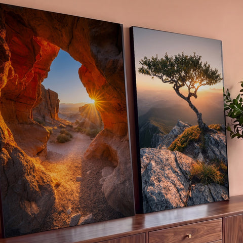Quadro Decorativo Kit 2 Telas Arco de Pedra para Sala | quadros decorativos para sala | arco de pedra laranja com sol estrelado e árvore solitária em montanha ao pôr do sol | Porao dos Quadros