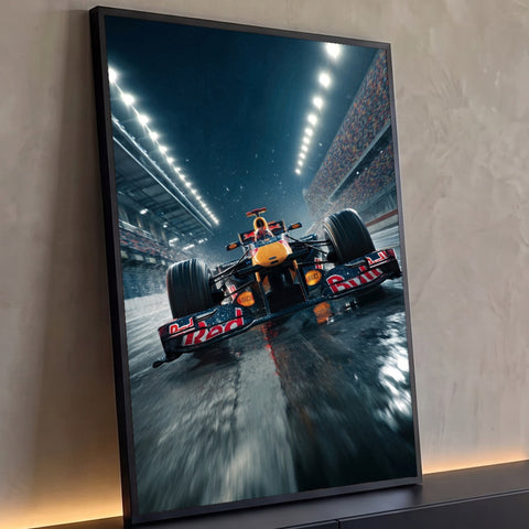 Quadro Decorativo Grande Carro na Pista para Sala Azul | quadros decorativos para sala | carro de azul e vermelho em pista molhada à noite com luzes de estádio | Porao dos Quadros
