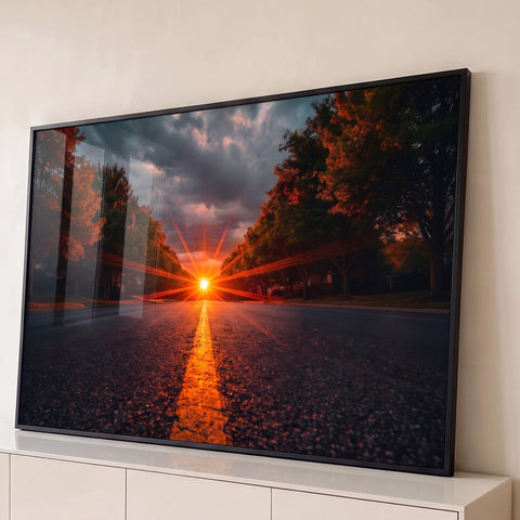 Sol se pondo com raios de luz no fim de avenida arborizada, asfalto e faixa amarela, quadro decorativo