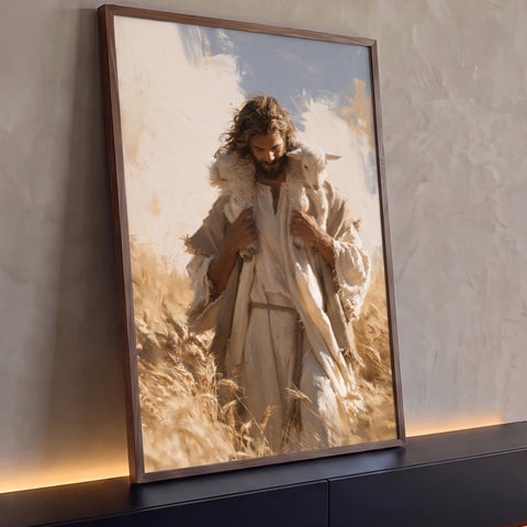 Jesus Bom Pastor carregando cordeiro branco nos ombros em campo de trigo dourado, quadro decorativo
