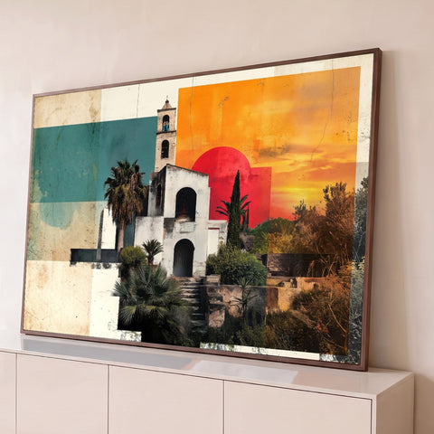 Colagem retrô de igreja colonial com torre sineira, palmeiras e sol vermelho no céu laranja, quadro decorativo