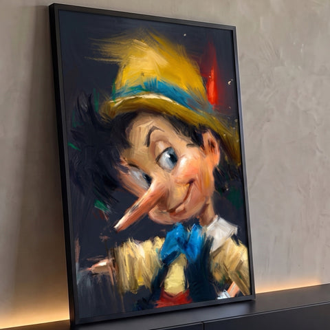 Pinóquio piscando com chapéu amarelo e gravata azul em pinceladas sobre fundo escuro, quadro decorativo