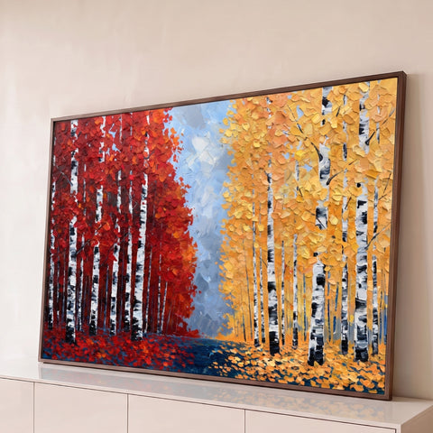 Bétulas com folhas vermelhas e amarelas e céu azul em pintura a óleo com espátula, quadro decorativo