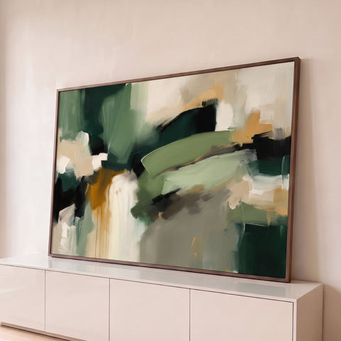 Pintura abstrata com pinceladas verdes, creme, preto e mostarda escorrida, quadro decorativo
