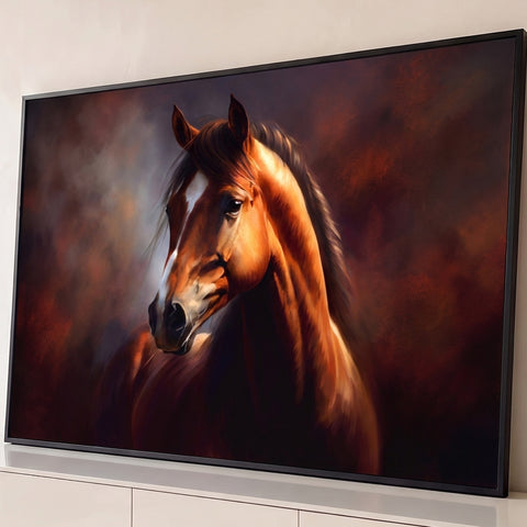 Retrato de cavalo castanho com listra branca e crina escura sobre fundo marrom enfumaçado, quadro decorativo