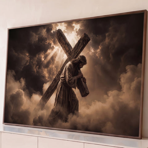 Jesus com coroa de espinhos carregando a cruz entre nuvens e raios de luz em sépia, quadro decorativo