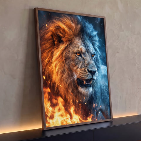 Leão rosnando com juba em chamas laranja e gelo azul, olhos âmbar e fagulhas, quadro decorativo