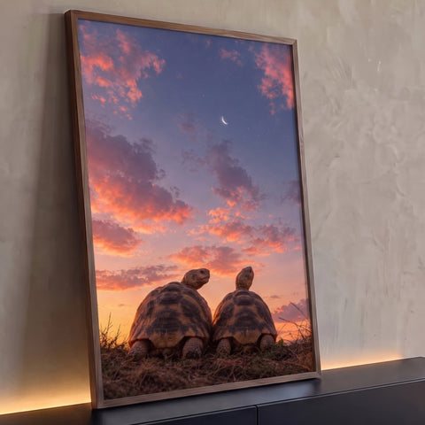 Duas tartarugas lado a lado olhando o céu rosa do pôr do sol com lua crescente, quadro decorativo