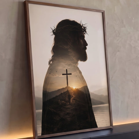 Perfil de Jesus com coroa de espinhos em dupla exposição com cruz no monte e pôr do sol, quadro decorativo