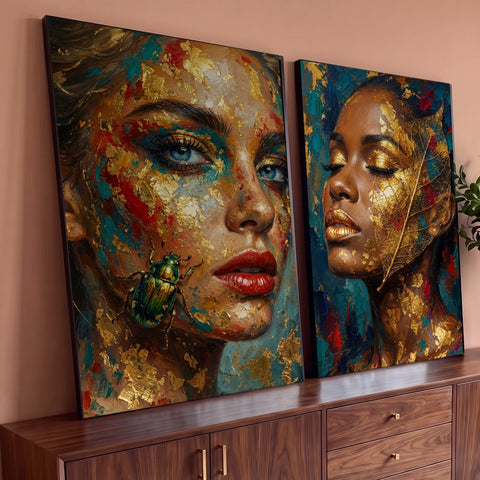 Quadro Decorativo Kit 2 Telas Duas Mulheres para Sala | quadros decorativos para sala | duas mulheres com rosto em folha de ouro, besouro verde e folha dourada sobre o rosto | Porao dos Quadros
