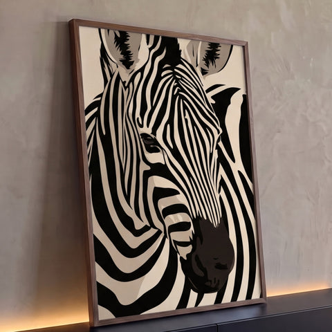 Ilustração gráfica de rosto de zebra com listras pretas sobre fundo creme, quadro decorativo