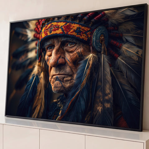 Retrato de ancião indígena com cocar de penas e faixa de contas coloridas em fundo escuro, quadro decorativo