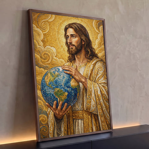 Quadro Decorativo Grande Jesus Segurando Globo para Sala | quadros decorativos para sala | Jesus em mosaico dourado segurando o globo terrestre com as mãos | Porao dos Quadros
