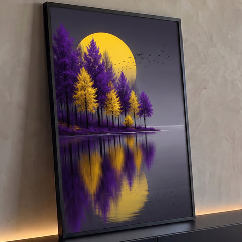 Árvores roxas e amarelas à beira do lago com lua amarela, pássaros e reflexo na água, quadro decorativo