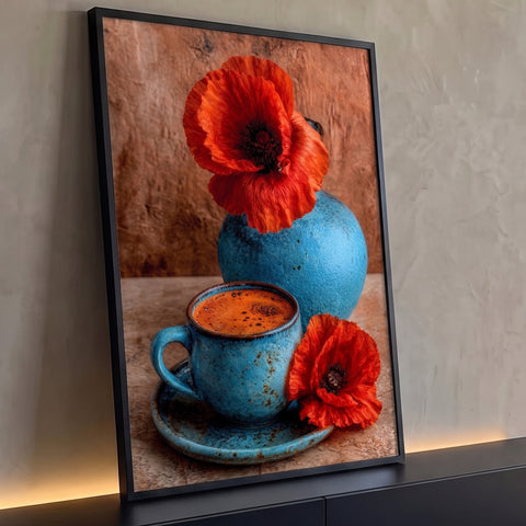 Xícara de café azul com vaso de cerâmica e papoulas vermelhas sobre fundo terracota, quadro decorativo