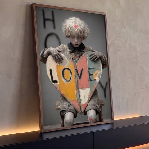 Criança de cabelo cacheado segurando coração de madeira colorido com a palavra Love, quadro decorativo