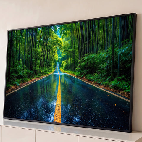 Estrada asfaltada molhada com faixa amarela atravessando floresta de bambu verde, quadro decorativo