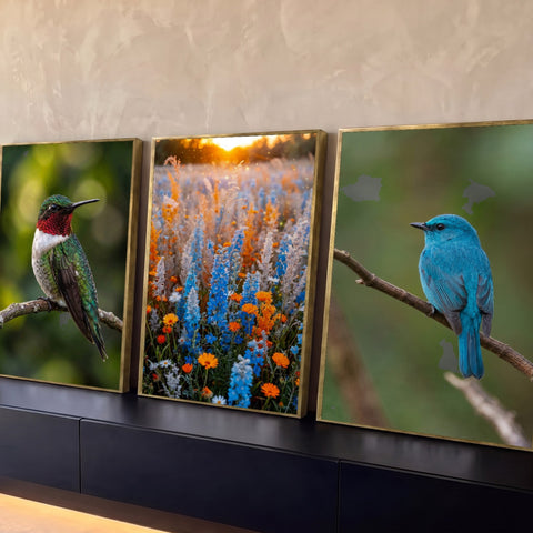 Quadro Decorativo Kit 3 Telas Beija-Flor Campo para Sala | quadros decorativos para sala | beija-flor, campo de flores coloridas e pássaro azul em três painéis naturais | Porao dos Quadros