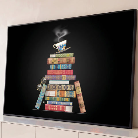 Pilha de livros antigos coloridos com xícara de chá e óculos sobre fundo preto, quadro decorativo