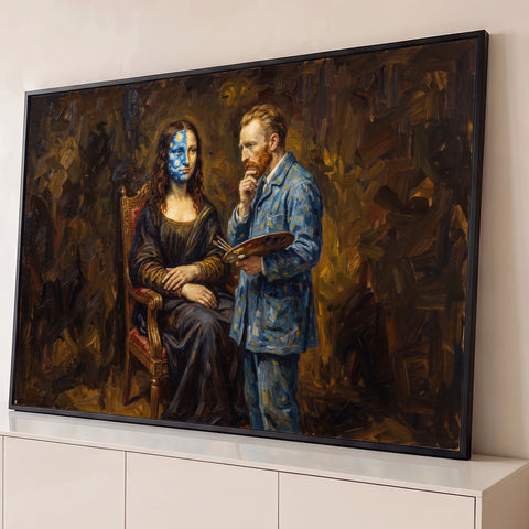 Mona Lisa sentada com rosto pintado de Noite Estrelada e Van Gogh segurando paleta, quadro decorativo