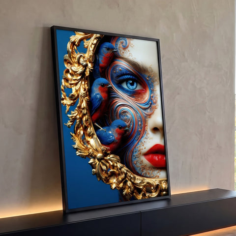 Rosto de mulher com olho azul, lábios vermelhos e pássaros azuis em moldura dourada, quadro decorativo