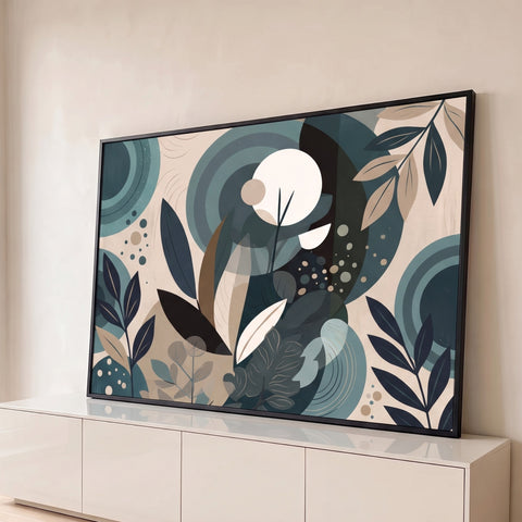 Folhagens azul petróleo e bege com círculos concêntricos e lua creme em arte abstrata, quadro decorativo