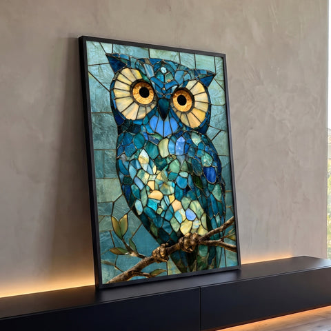 Quadro Decorativo Grande Coruja Mosaico de Vitral para Sala | quadros decorativos para sala | coruja em mosaico de vitral azul e dourado pousada em galho | Porao dos Quadros
