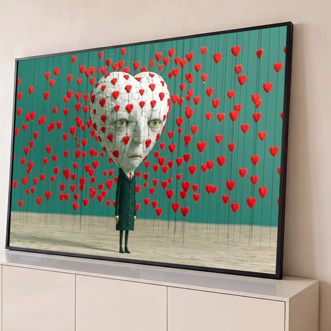 Figura de terno com cabeça de coração rachado entre corações vermelhos suspensos, fundo verde quadro decorativo