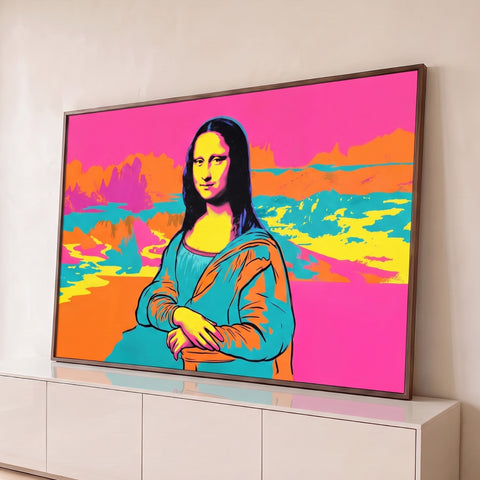 Mona Lisa em pop art com cores neon rosa, laranja, turquesa e amarelo sobre paisagem, quadro decorativo