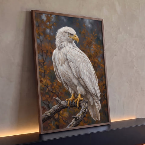 Águia branca pousada em galho seco entre folhas de outono laranja, pintura a óleo, quadro decorativo