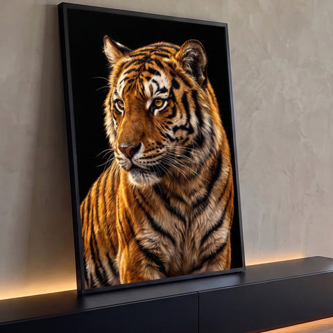 Quadro Decorativo Grande Tigre Realista para Sala Preto | quadros decorativos para sala | tigre em close com olhar intenso e fundo preto profundo | Porao dos Quadros
