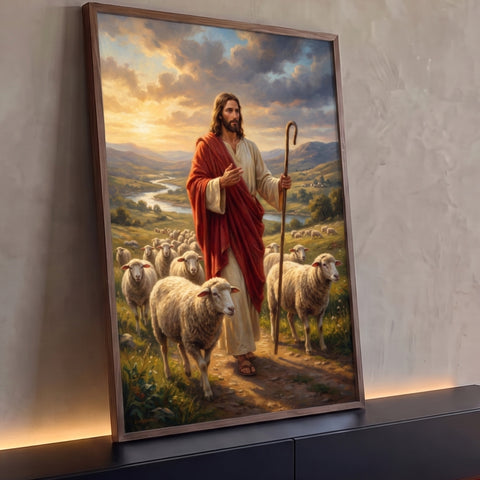 Jesus Bom Pastor de manto vermelho com cajado entre ovelhas em vale com rio ao pôr do sol, quadro decorativo