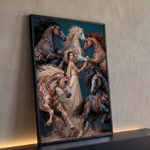 Quadro Decorativo Grande Mulher para Sala Dourado | quadros decorativos para sala | mulher de vestido bege entre cinco cavalos com padrões dourados e azuis | Porao dos Quadros