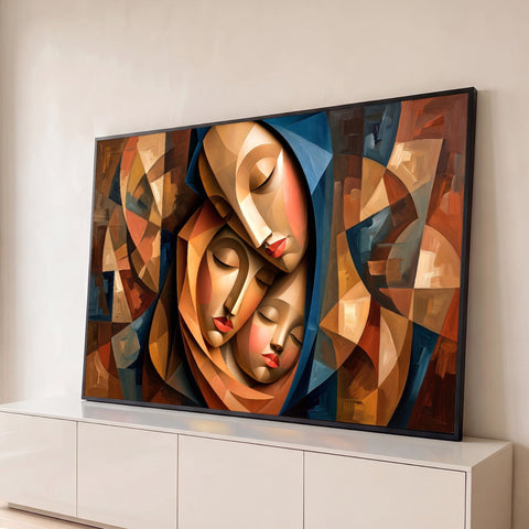 Sagrada Família cubista com Maria de véu azul e rostos serenos em tons terrosos, quadro decorativo