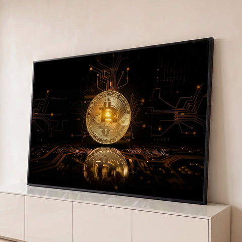 Moeda de Bitcoin dourada com reflexo sobre placa de circuito iluminada em fundo preto, quadro decorativo
