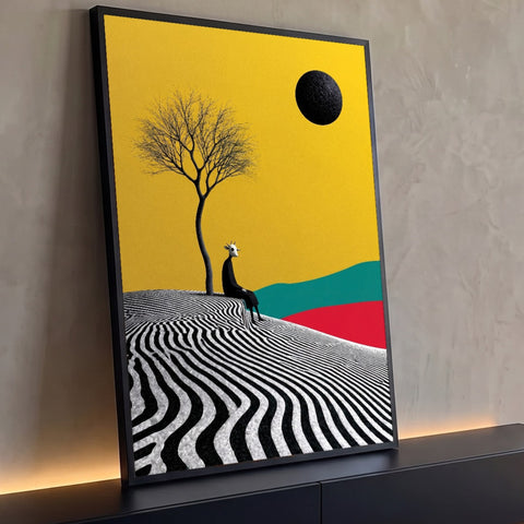 Quadro Decorativo Grande Figura para Sala Amarelo | quadros decorativos para sala | figura preta com cabeça de cabra sentada sob árvore seca em fundo amarelo com sol negro | Porao dos Quadros