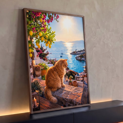Gato ruivo em muro de pedra diante do mar azul, limoeiro e buganvílias ao pôr do sol, quadro decorativo