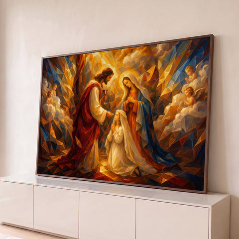 Jesus com cálice, menina em primeira comunhão, Nossa Senhora e anjos em facetas douradas, quadro decorativo