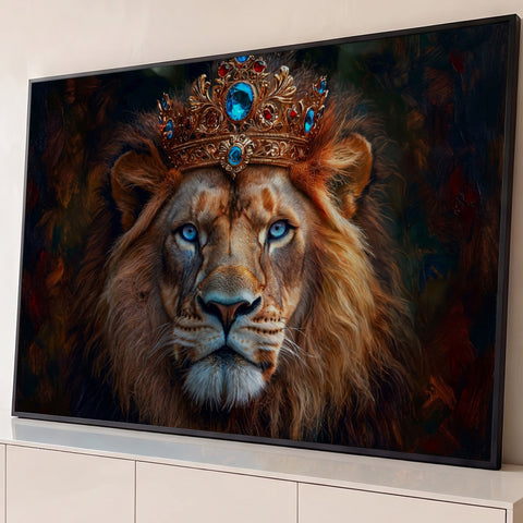 Leão de olhos azuis com coroa dourada cravejada de pedras azuis, fundo escuro pintado, quadro decorativo