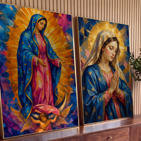 Quadro Decorativo Kit 2 Telas Nossa Senhora para Sala Azul | quadros decorativos para sala | duas imagens de Nossa Senhora em mosaico geométrico azul e dourado | Porao dos Quadros