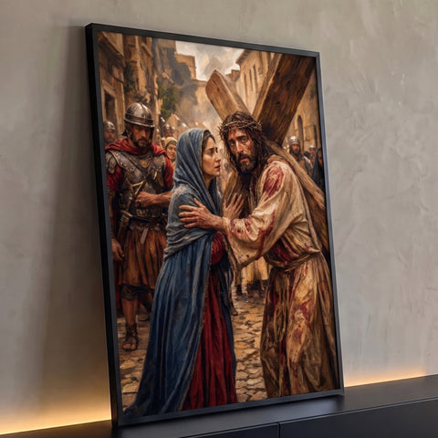 Quadro Decorativo Grande Jesus Carregando Marrom para Sala | quadros decorativos para sala | Jesus com coroa de espinhos carrega cruz de madeira enquanto mulher toca seu peito | Porao dos Quadros