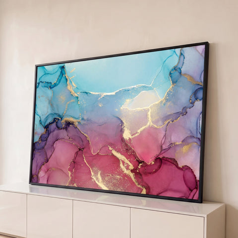 Abstrato em mármore líquido turquesa, rosa e magenta com veios e respingos dourados, quadro decorativo