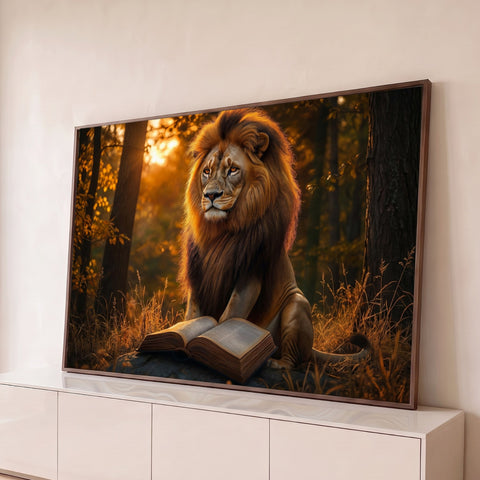 Leão de juba dourada sentado diante de Bíblia aberta em floresta ao pôr do sol, quadro decorativo