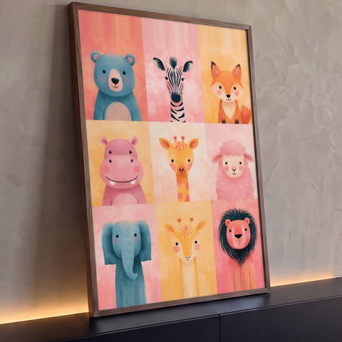 Nove animais fofos ilustrados em grade com fundo rosa e amarelo pastel, quadro decorativo