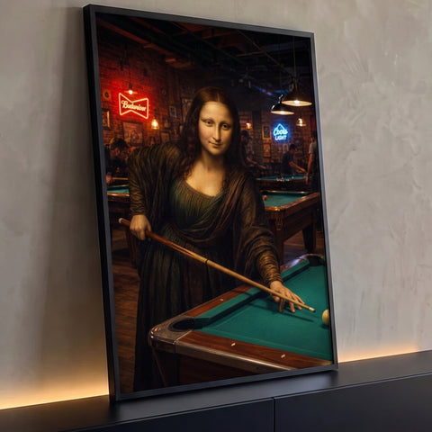 Mona Lisa com taco de sinuca em bar com neon, parede de tijolo e mesa de feltro verde, quadro decorativo