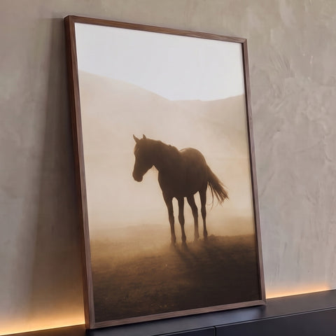 Cavalo escuro em contraluz no campo com poeira e névoa bege, montanhas ao fundo, quadro decorativo
